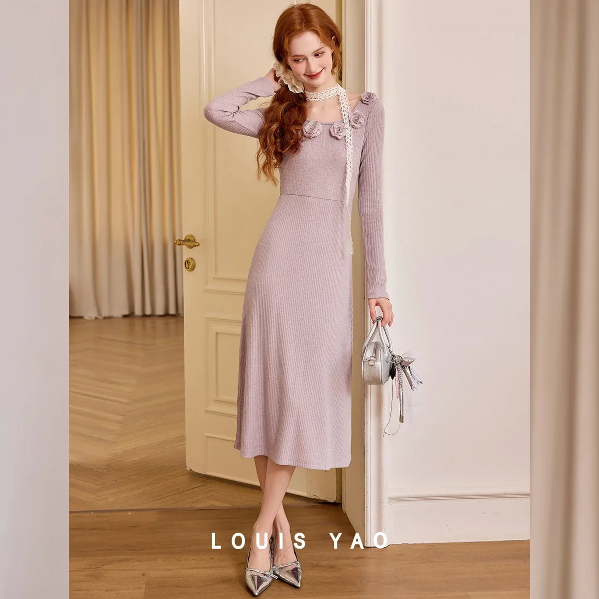 

LOUIS YAO Hoodie Long Sleeve Slim Dress 2025 Autumn Fashion 3D Flower Long Dresses Casual Micro Elastic Pullover Women's Dress