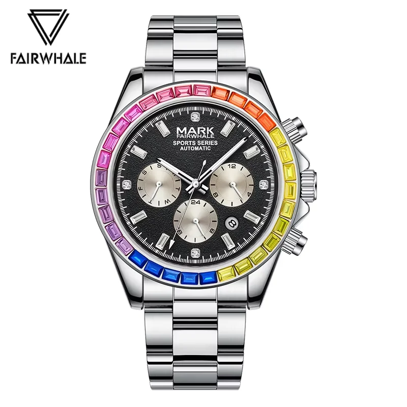 

Mark Fairwhale Роскошные деловые автоматические мужские часы с радужными бриллиантами Механические наручные часы Модный аксессуар для мужчин