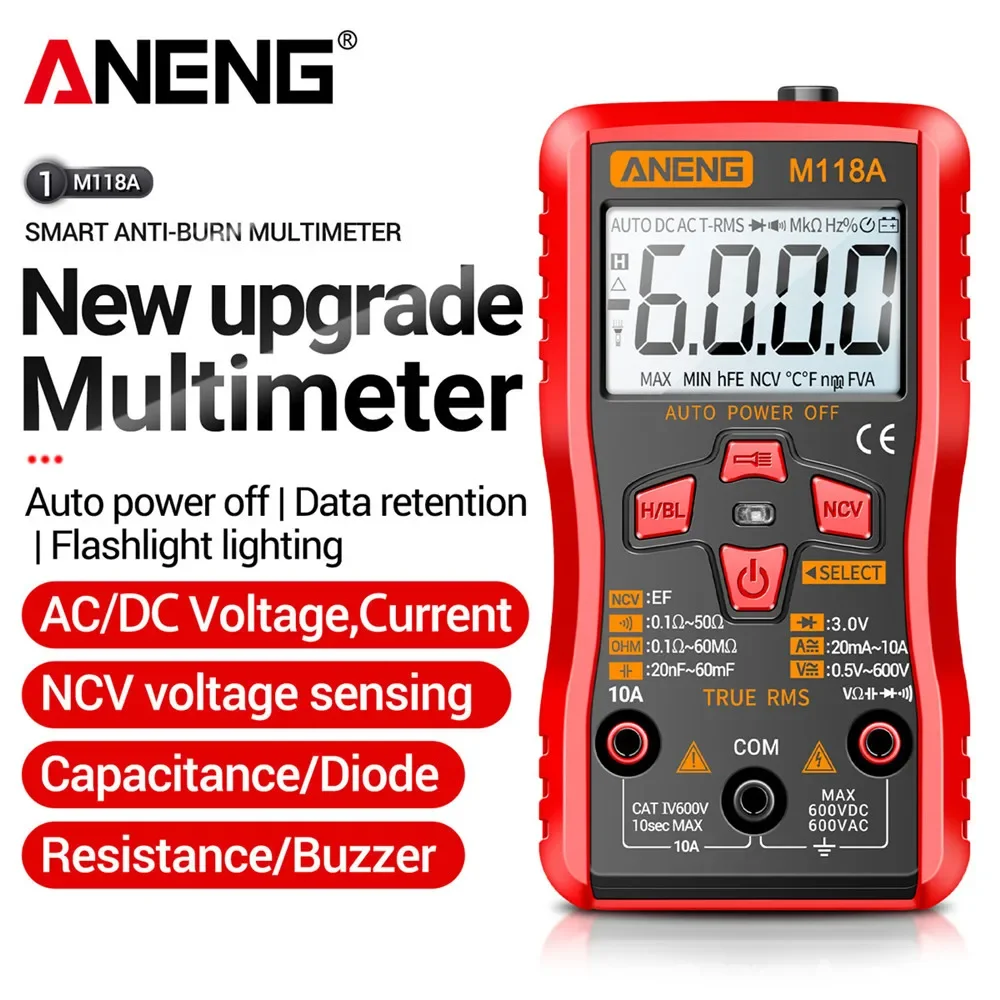ANENG M118A Digital Mini Multimeter AC Voltage Auto Test Tranistor Capacitance Resistance Diode Meter NCV 6000 Count Tester Tool