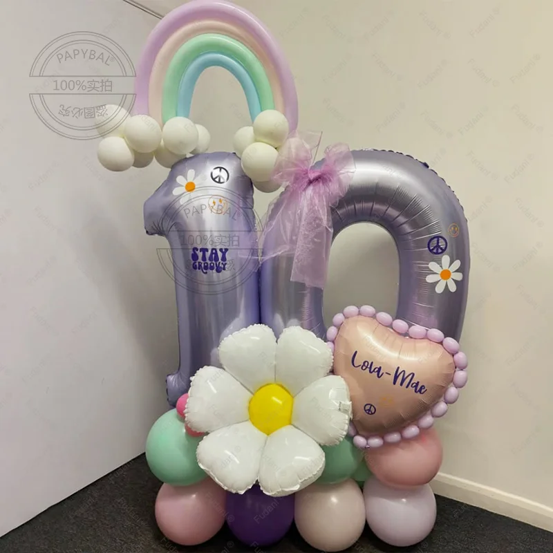 43-teiliges Gänseblümchen-Liebes-Regenbogen-Ballon-Set Lila Zahlen-Geburtstagsballons Geburtstagsparty-Zubehör Foto-Requisiten