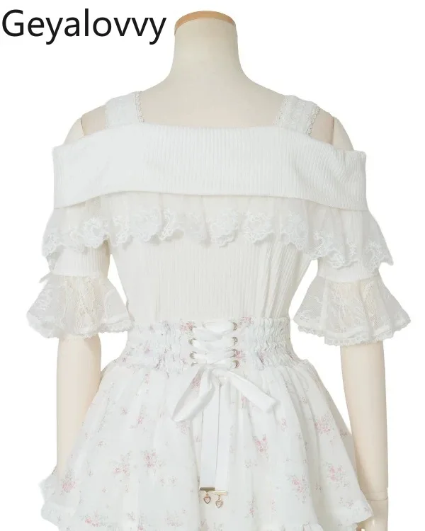 Sweet Cute Girls Versatile Short Sleeve T-Shirt Summer New Japanese Style Big Bow Ribbed Slimming Strap Off-Shoulder Top