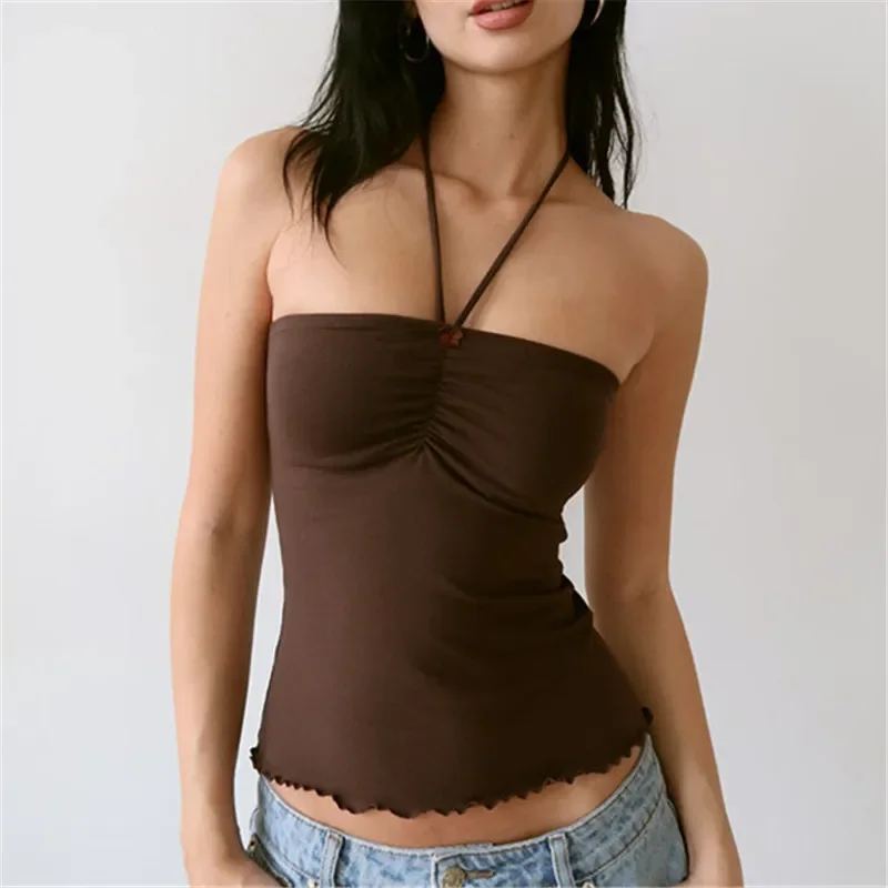 Gaono Women's Halter Neck Tube Tops Summer Sleeveless Backless Cropped Vest Drawstring Front Ruched Solid Slim Fit Shirt