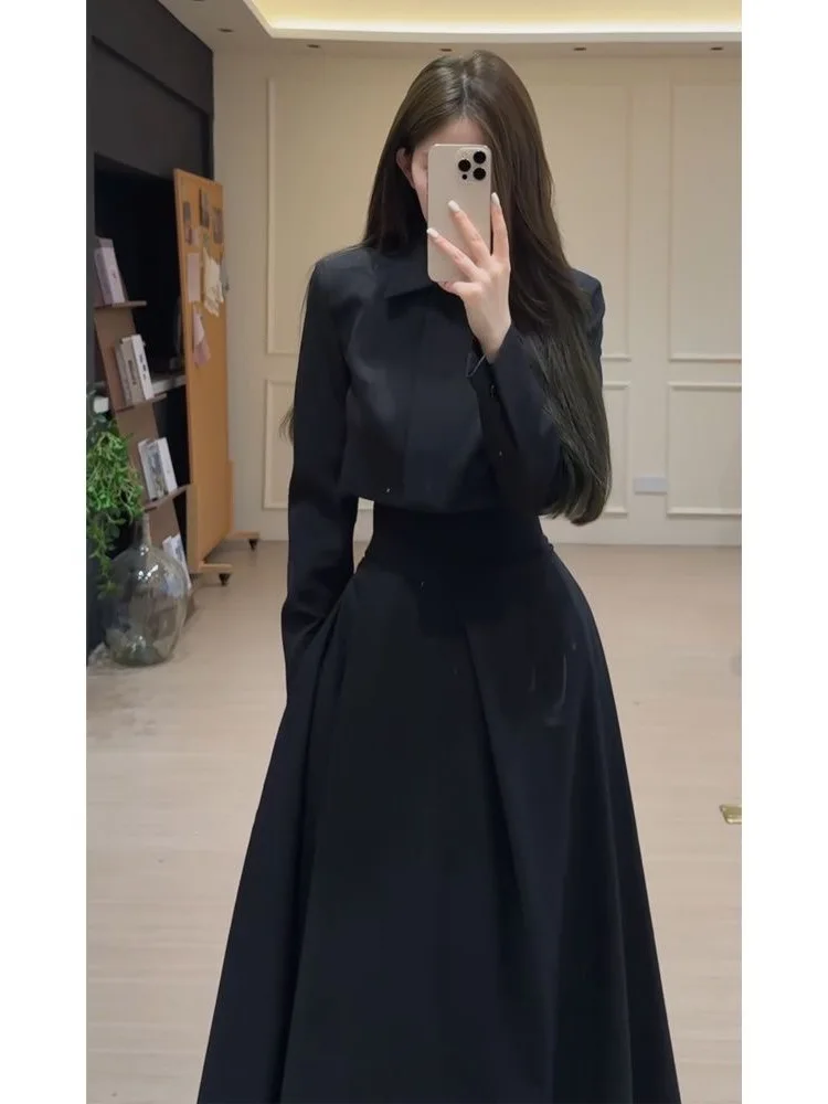 

Hebe Style Black Suit Skirt Set Women's Autumn Winter Korean Drama Rich Girl Elegant Slimming Long Dress High Waist Shirt