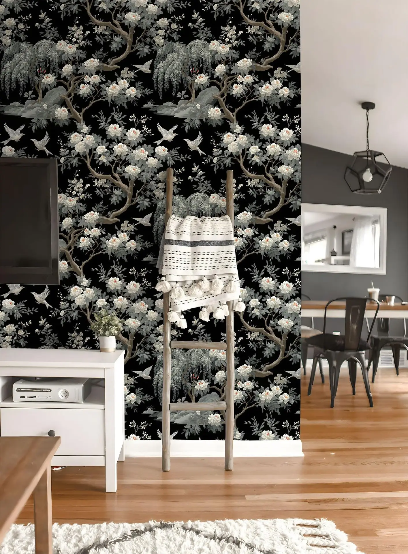 Chinoiserie Black Peony Bird Self Adhesive Wallpaper Garden Peel and Stick Vintage Willow Tree Wall Mural for Home Bedroom Decor