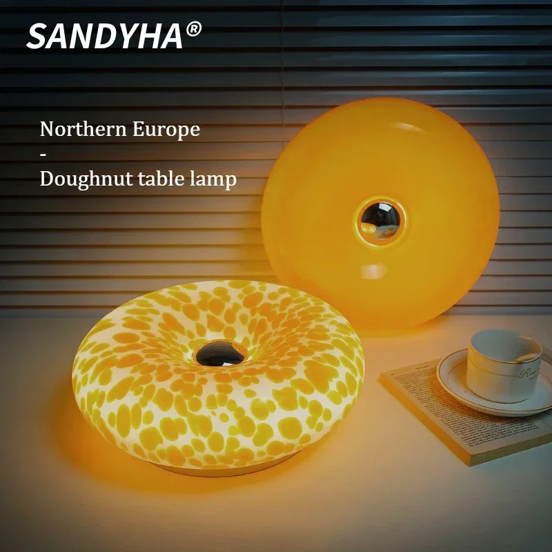 SANDYHA Nordic Style Desk Lamp Donut Design LED Lights Bedroom Living Room Study Lighting Fixtures Home Decor Glass Lampshade