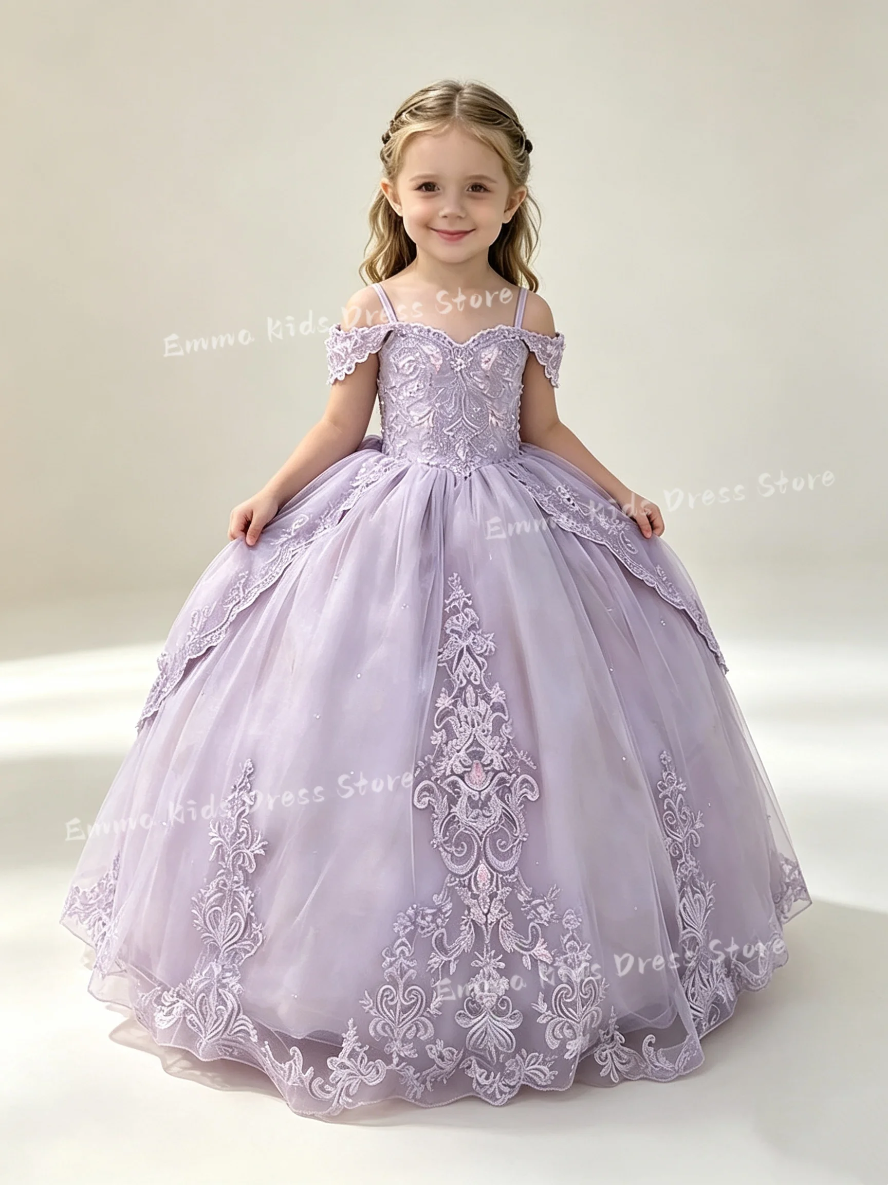 Custom Off Shoulder Flower Girl Dress Applique Multi-layer Tulle Bow Princess Gown Kids Wedding Pageant Birthday Party Prom