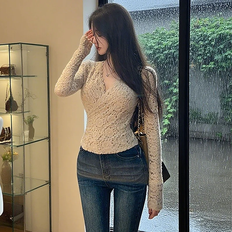 2025 Autumn Long Sleeve Sexy Lace V-neck T-shirt for Women Korean Fashion Neon Dream Elastic Slim Fit Bottom Shirt Elegant Tops