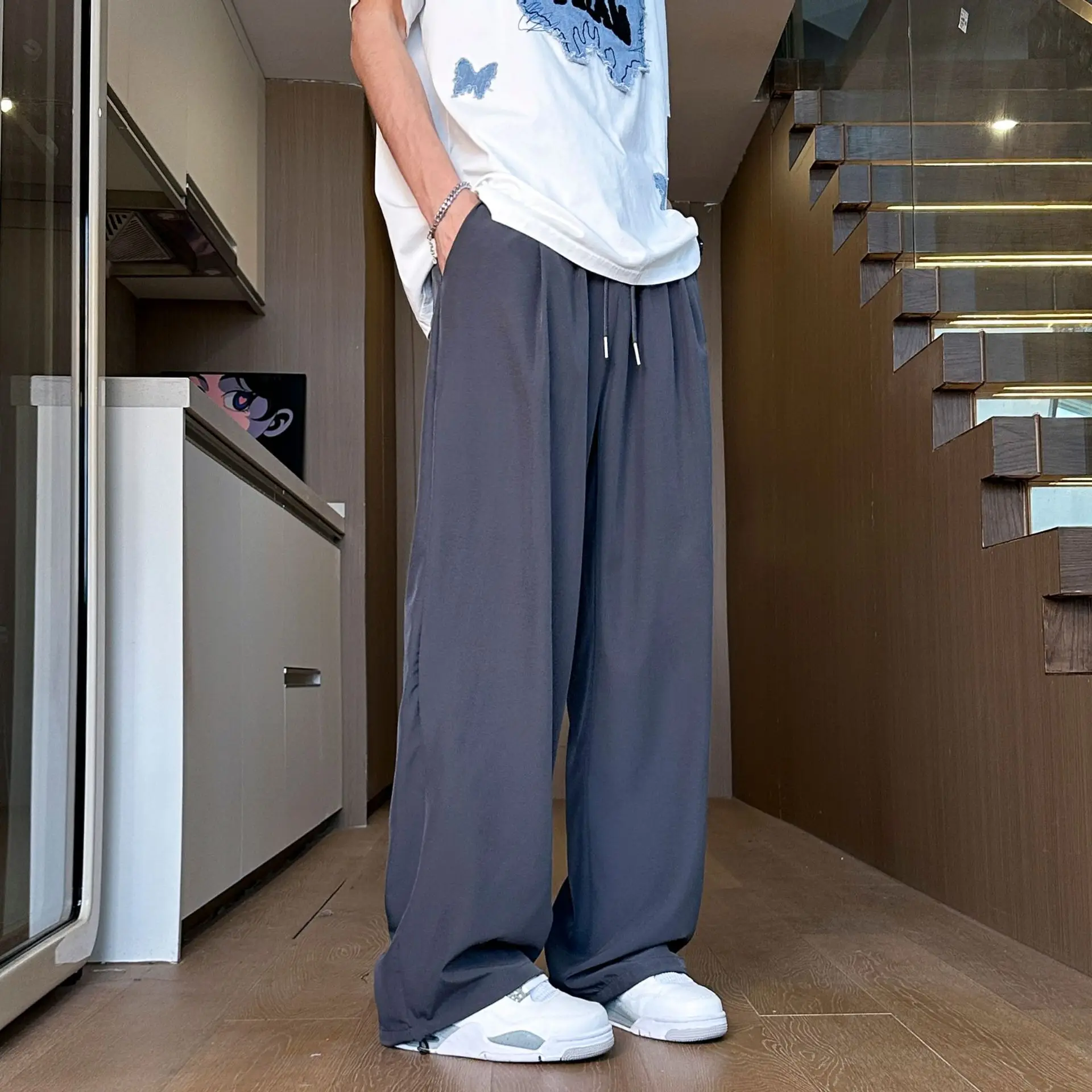 2025 Summer Spot Hot Ice Silk Quick-drying Pants Solid Color Embroidery Draped Breathable Cool Straight Men's