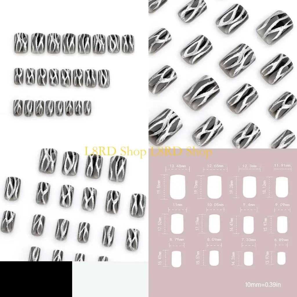 L8RD 24x uñas postizas con gradiente negro, prensa cuadrada para uñas, uñas acrílicas brillantes