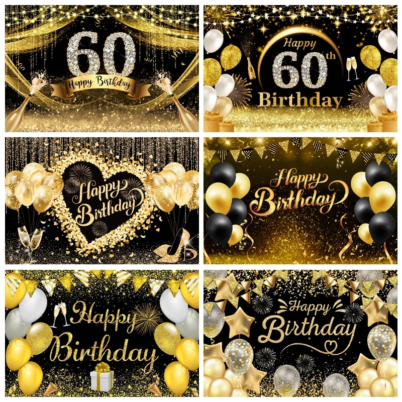 

Golden Black Adult Birthday Backdrop for Photography Celebrate Party Decor Background Photo Photographic Customizable Name Props