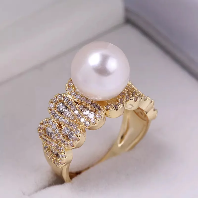 JZ168  Copper Gold Plated Serpentine Zircon Adjustable Pearl Ring Blank Empty Settings DIY Jewelry Findings