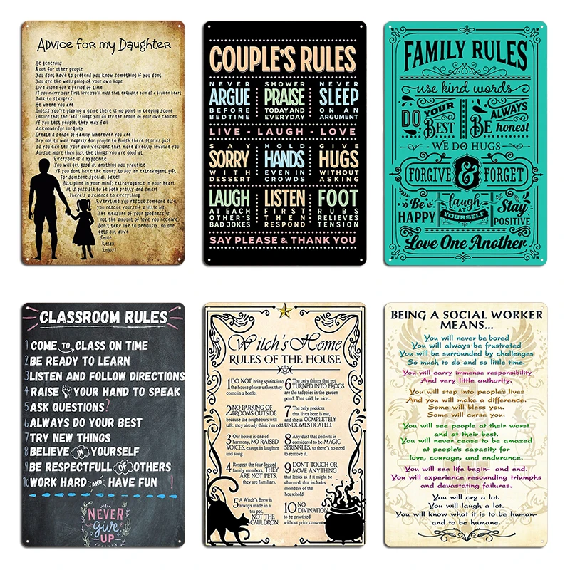 Семейные правила жизни, вдохновляющая цитата, Советы для моей дочери, правила пары, металлический индивидуальный настенный пещерный бар, жестяная вывеска, плакат
