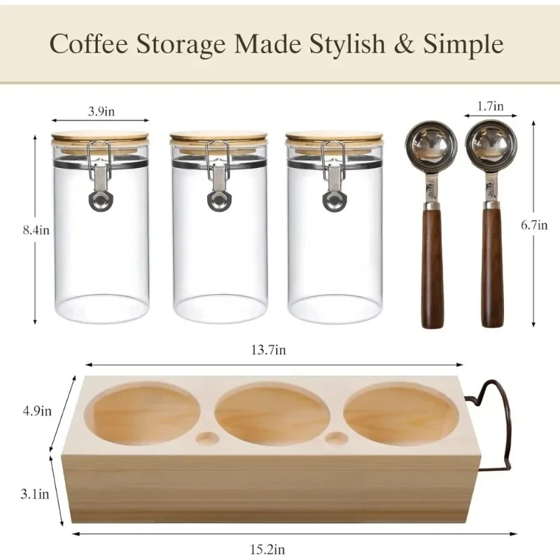 

Glass Canister Set Airtight Seal 3 Piece Coffee Bean Storage Container with Spoon and Holder