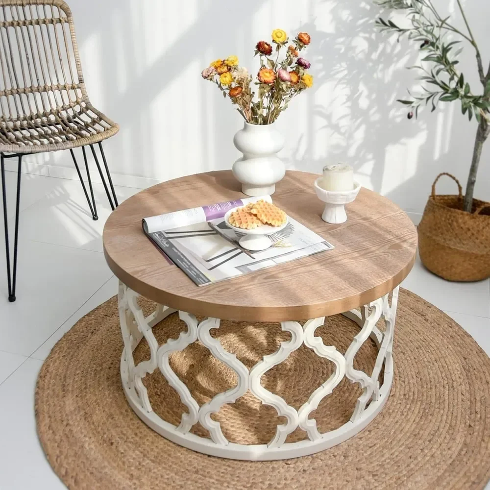 Rustic Farmhouse Coffee Table, Distressed Wood Top Table with Curved Motif Frame Base for Boho