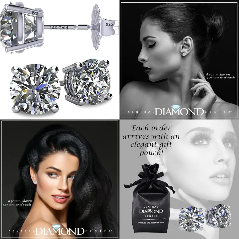 أقراط من الذهب عيار 14 قيراط مع ترصيع ألماس مقلد، من 0.30 إلى 8.00 قيراط، مجوهرات زركونيا فاخرة