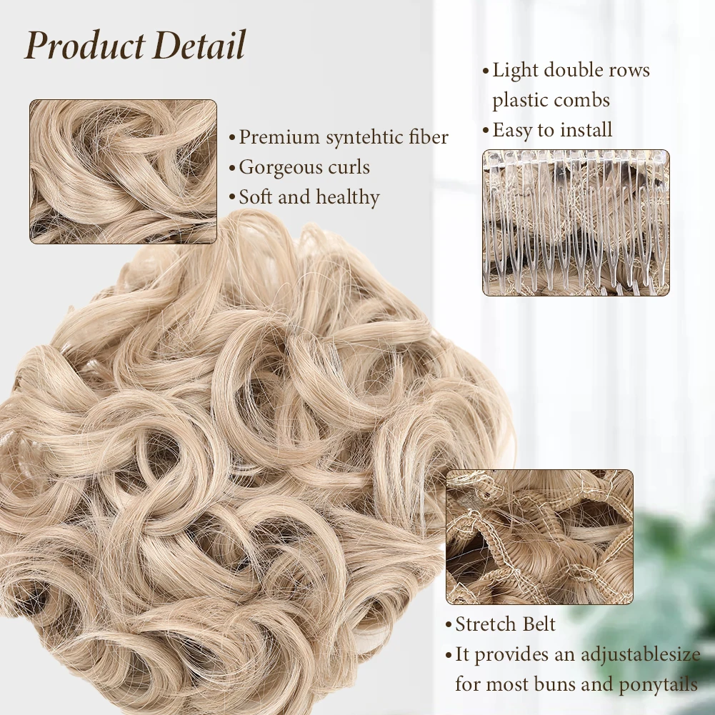 Cabelo sintético Bun Extensão, fácil estiramento cabelo Combs, clipe no rabo de cavalo, curto bagunçado encaracolado, alta qualidade, 6"