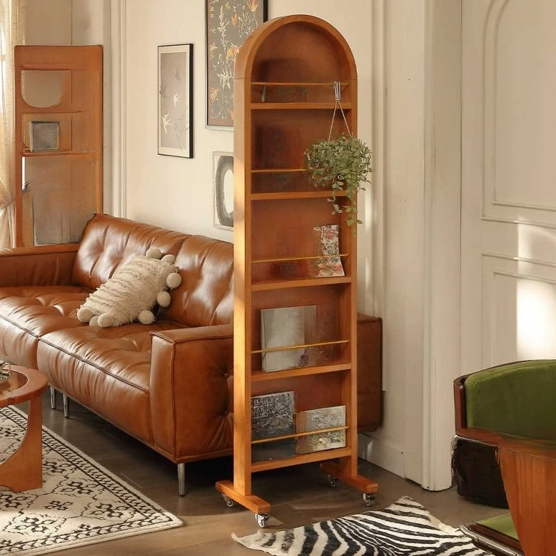 Wooden rotating storage rack with wheel full length rotating mirror sliding hidden magazine rack