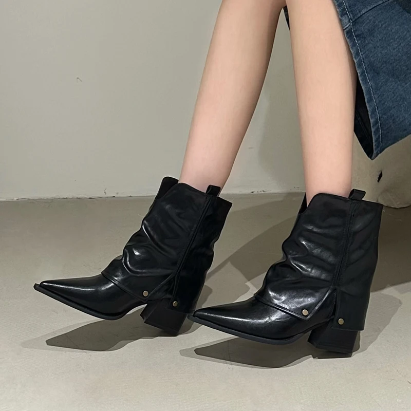 

flared Boots Woman Shoes designer leather pointed toe modern Boot Zip high Heel Ankle Boots high quality comfortable black brown