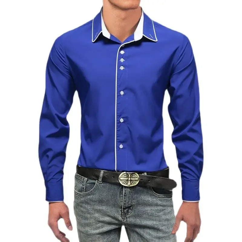 Camisa Formal de manga larga para hombre, vestido de esmoquin para fiesta, banquete de boda, Color puro, negro, blanco y azul, novedad de 2022