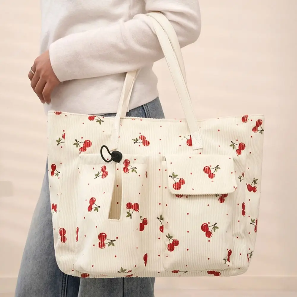 Large Capacity Corduroy Tote Bag Cherry/Leopard Pattern Adjustable Shoulder Cute Printed Handbag Water Bottle Holder
