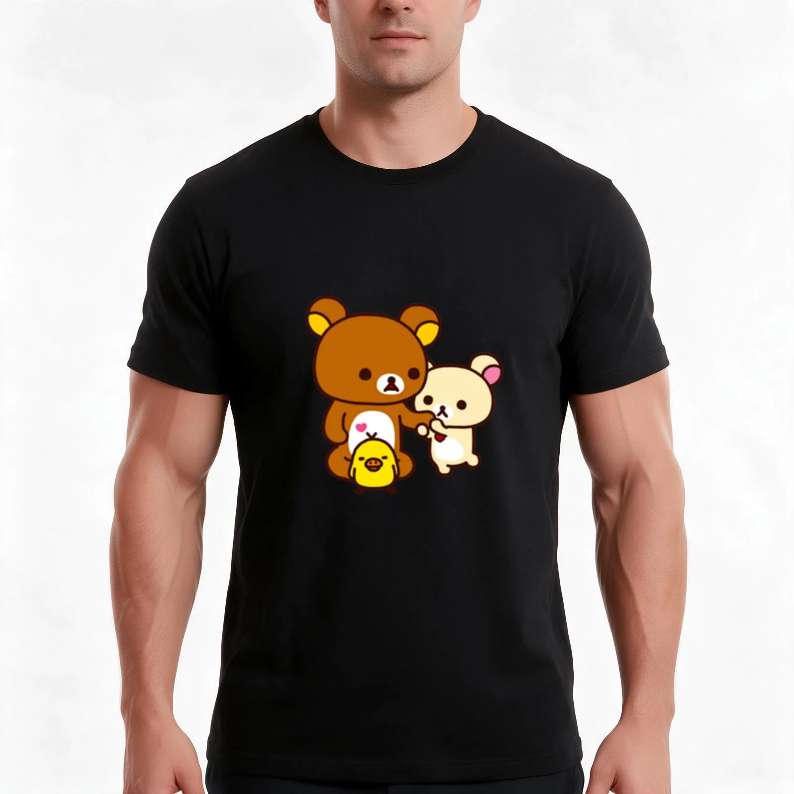 Rilakkuma family T-Shirt, Summer Casual Cotton Tee, Oversized Streetwear Tops, Vintage Graphic Print, Loose Fit Short Sleeve