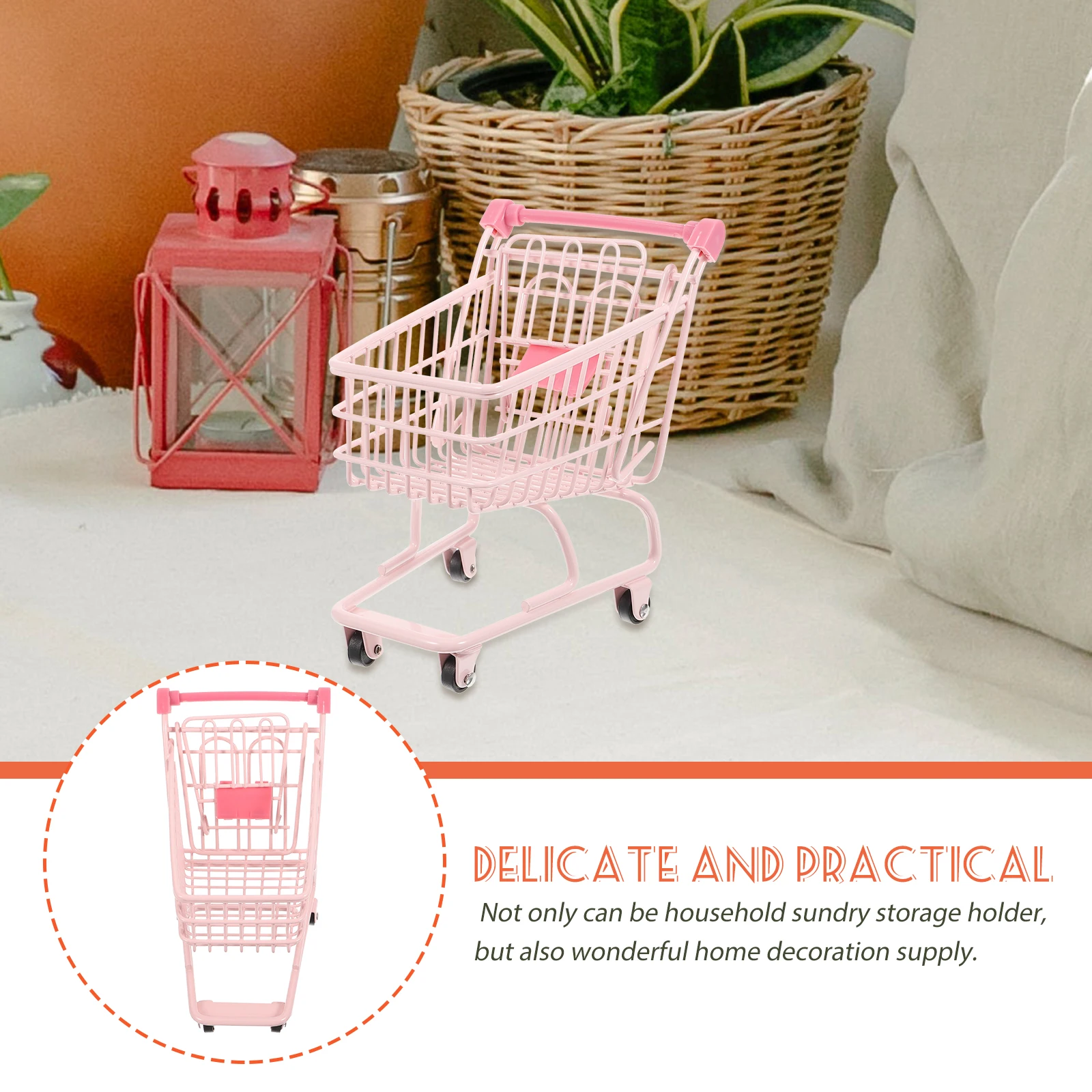 

Pink Shopping Basket Mini Cart Home Decor Storage Prop Small Size Iron Material Toy Trolley Grocery Miniature