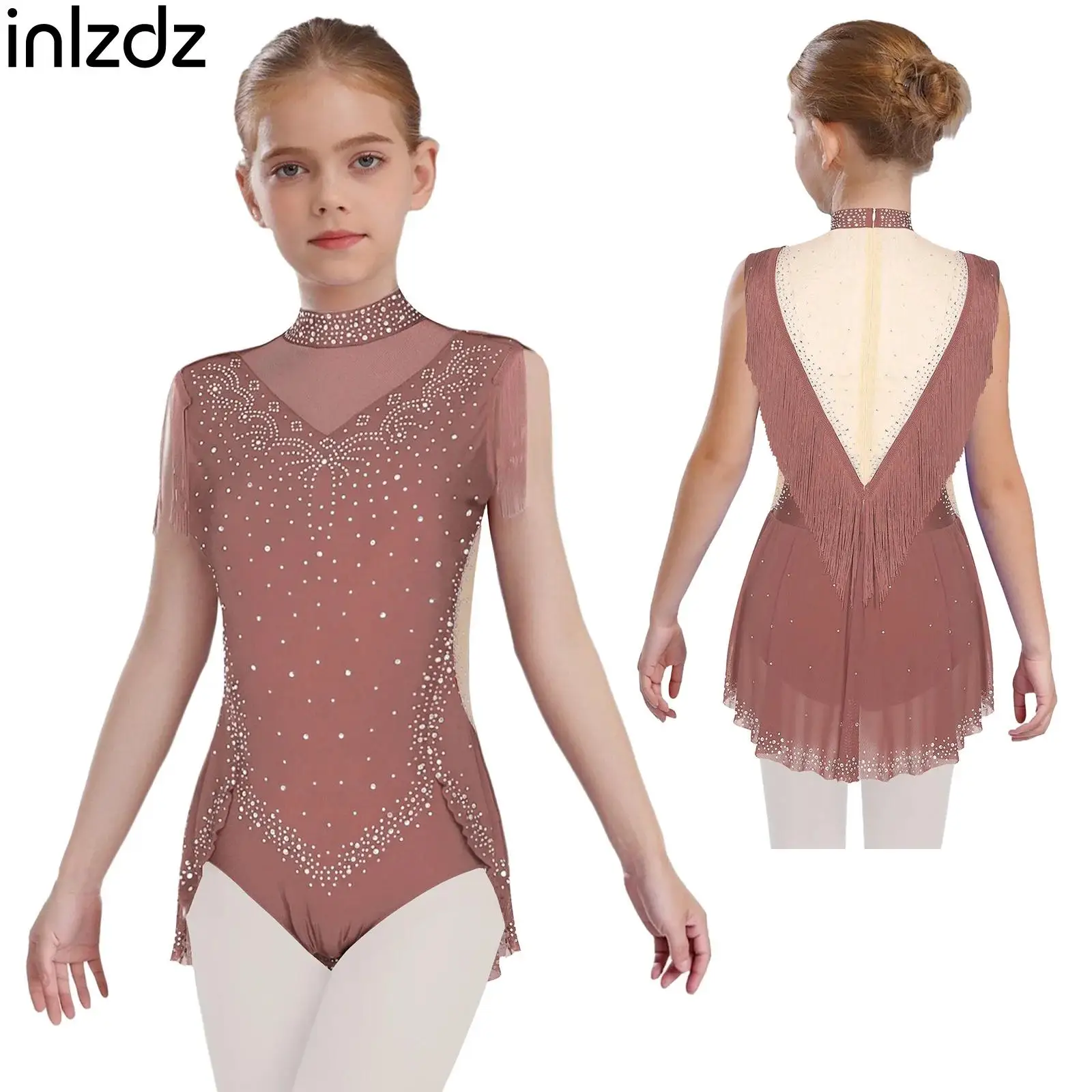 

Kids Girls Sparkling Rhinestones Ballet Lyrical Latin Dance Leotard Sleeveless Mesh Tassel Skirted Bodysuit Modern Dance Clothes