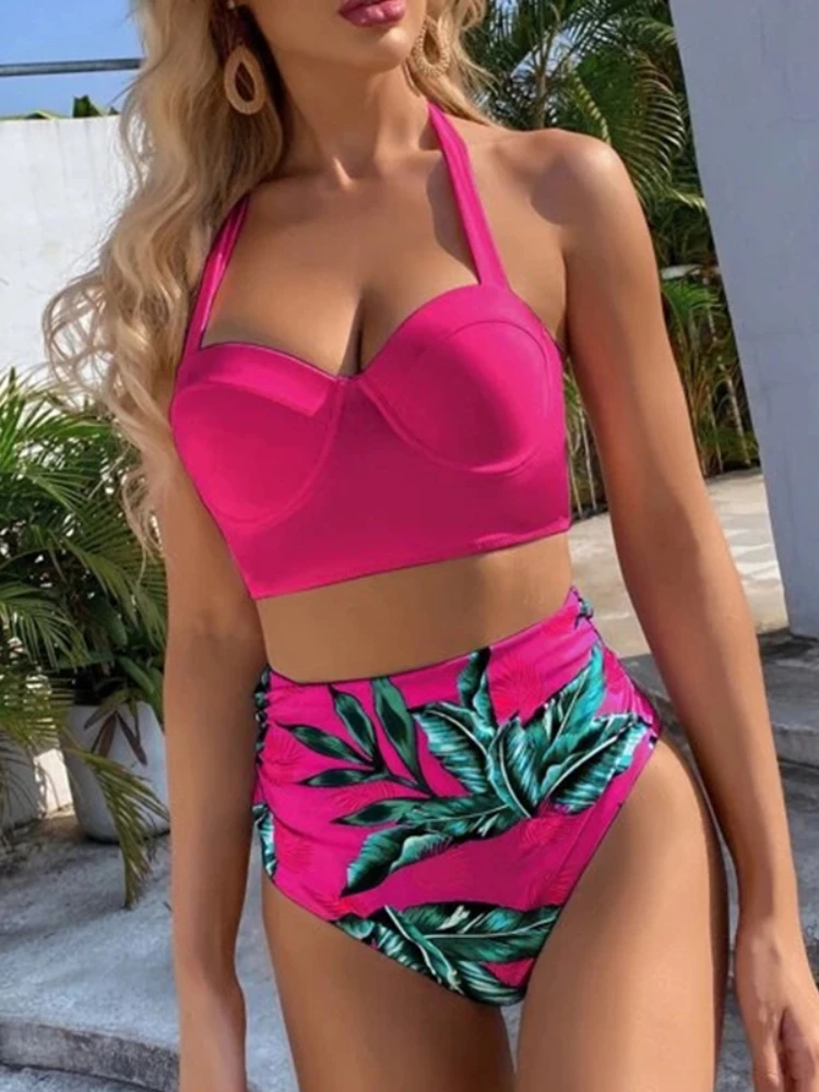 2021 Sexy High Waist Print Women Bikini Swimsuit Summer Female Bandage Swimwear Bikini Set Push Up Summer Halter Beachwear Suits