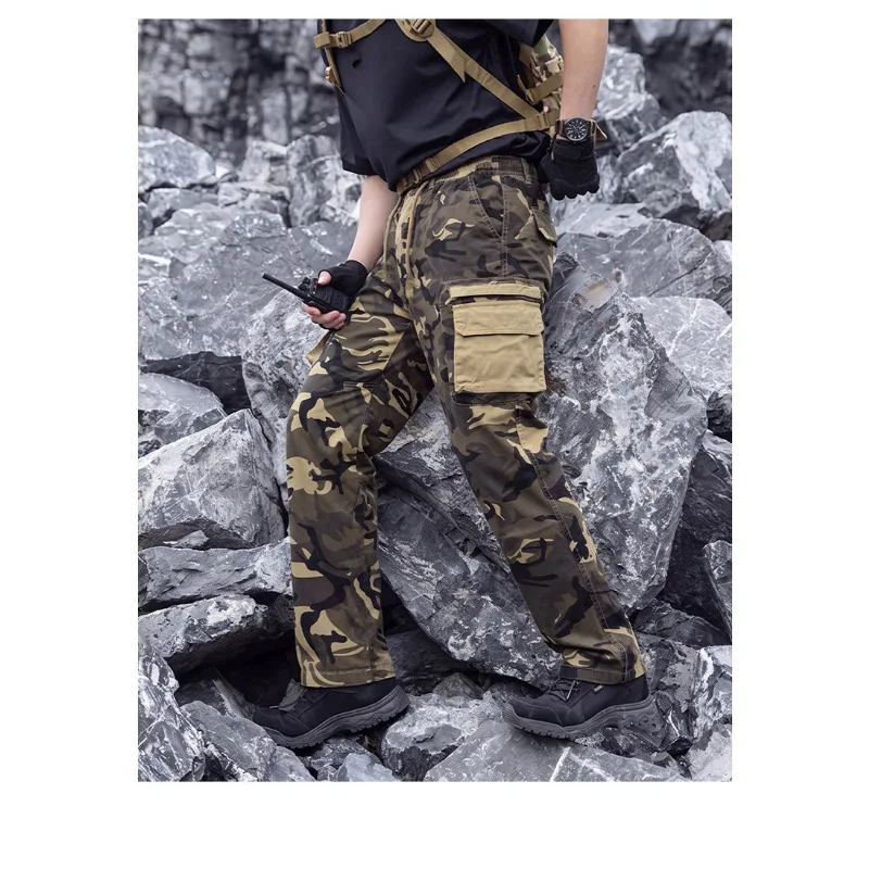 Outdoor Men Camo Tactical Cargo Pants Multi Pockets Drawstring Elastic Waist Wear Resistant Straight Hiking Work Streetwear Trou - view 5