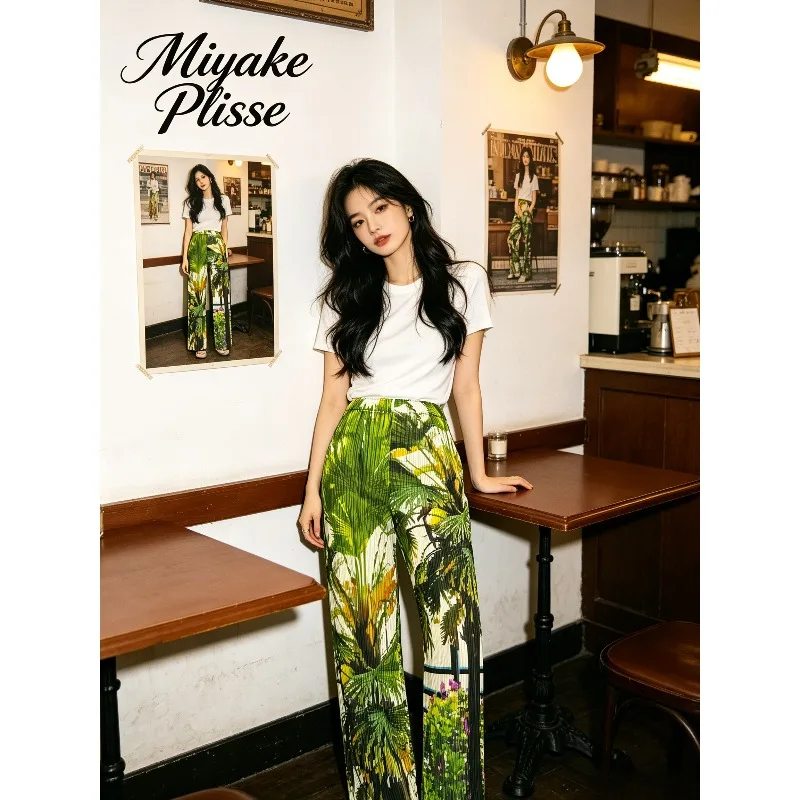 Miyake Pleated Mori 2026 Series Green Plant Pleated Wide-Leg Pants Summer Elastic Waist Draped Art Print Casual Pants for Women