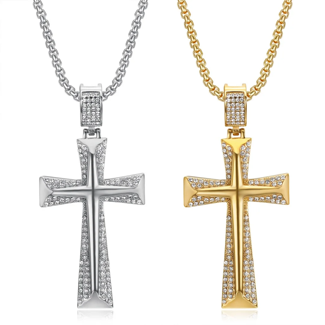 

Hip Hop Iced Out Big Knight Cross Pendant Male Gold Silver Color Stainless Steel Tennis Chain Zirconia Necklace for Man Jewelry