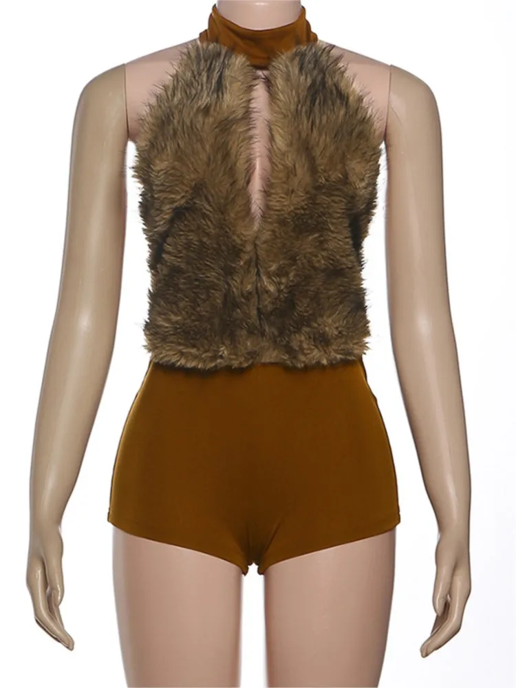 

Женские комбинезоны на осень-зиму, комбинезоны без рукавов с открытой спиной, коричневые свободные модные уличные комбинезоны, шорты, брюки 2025