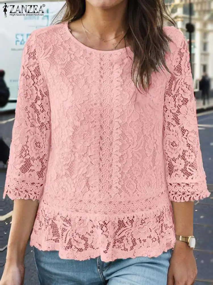 Bohemain Lace Crochet Blouse 2024 ZANZEA Autumn Women Patchwork Tops Tunic Elegant 3/4 Sleeve Work Blusas Stylish Holiday Shirt