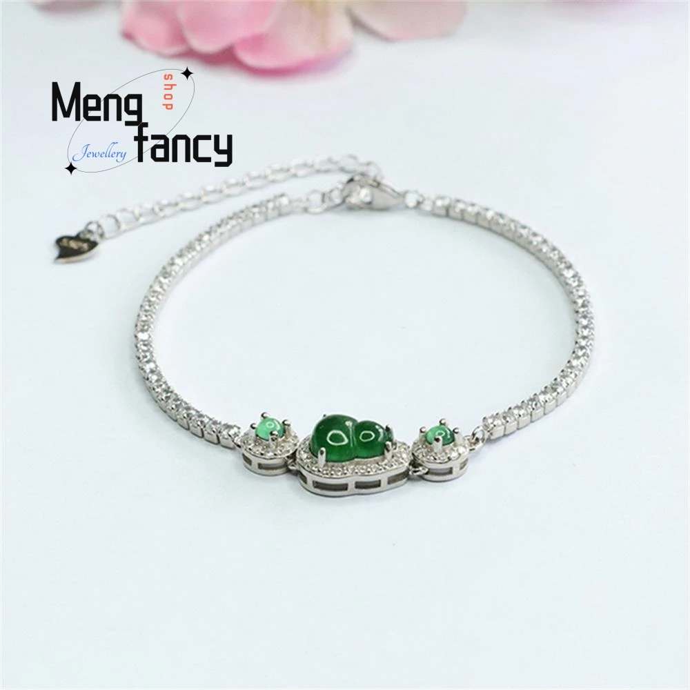 S925 Silver Lnlaid Natural Jadeite Ice Type Imperial Green Gourd String Bracelet Exquisite Elegant High-grade Fashion Jewelry