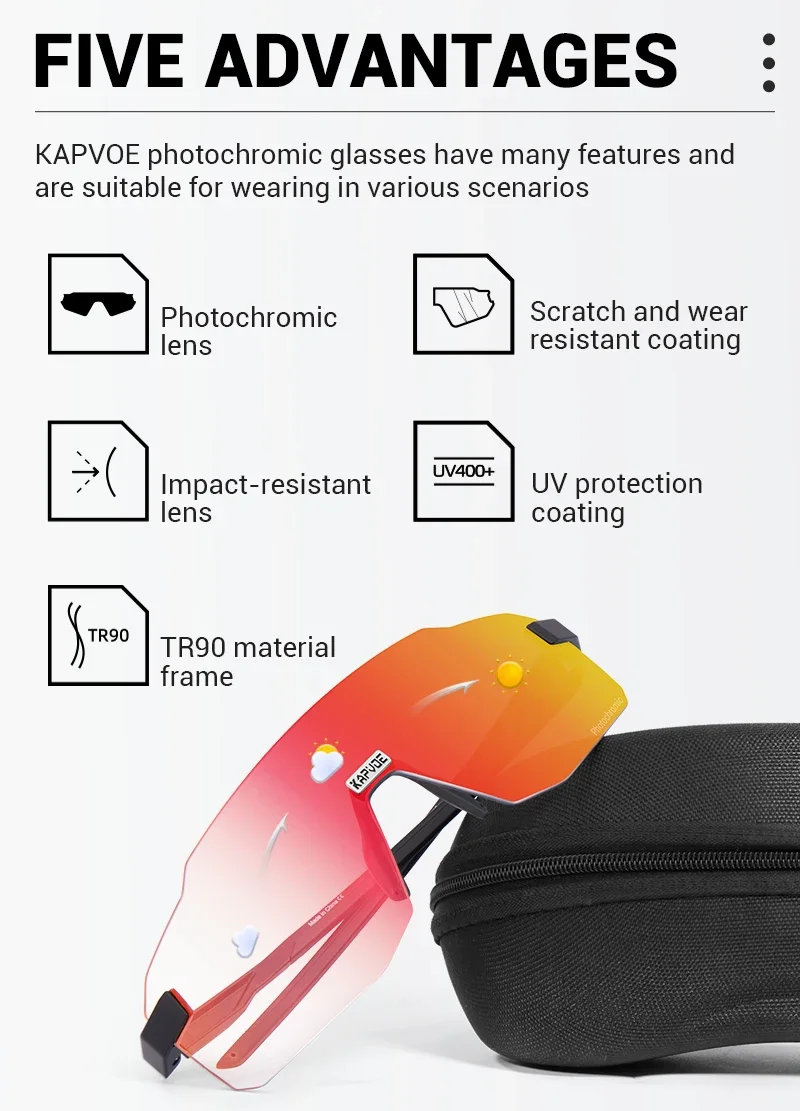 Kapvoe HD UV400 Photochrome Radfahrbrille Marathon-Fahrbrille Leichte Fahrrad-MTB-Sportbrille Winddichte Sonnenbrille – Detail 3