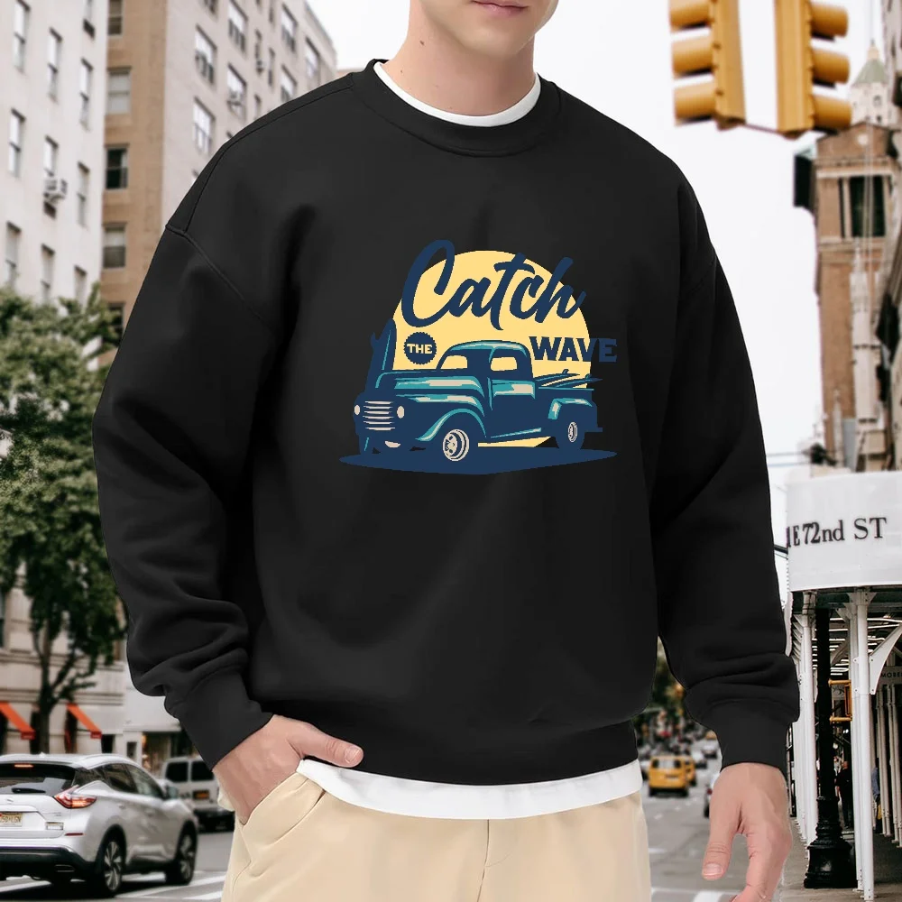

Men's Black Crew Neck Pullover Sweatshirt, Vintage Car Letter Print Top, Loose Casual Versatile Style, Comfortable Everyday Streetwear Top