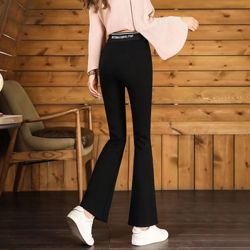 Autumn and Winter Women's Solid Color Elastic Letter High Waist Slim Flare Pants Fashion and Casual Commuter All Match Trousers