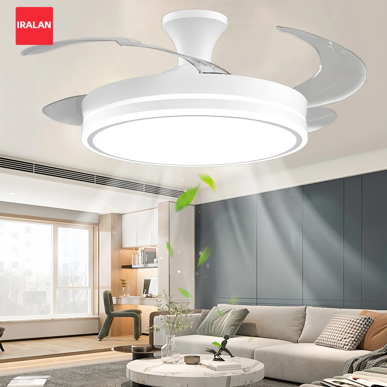 IRALAN Ceiling Fan 6-Speed Reversible Invisible Blade Fan Light 3 Color Dimmable Pendant Lamp with Remote for Bedroom Kitchen