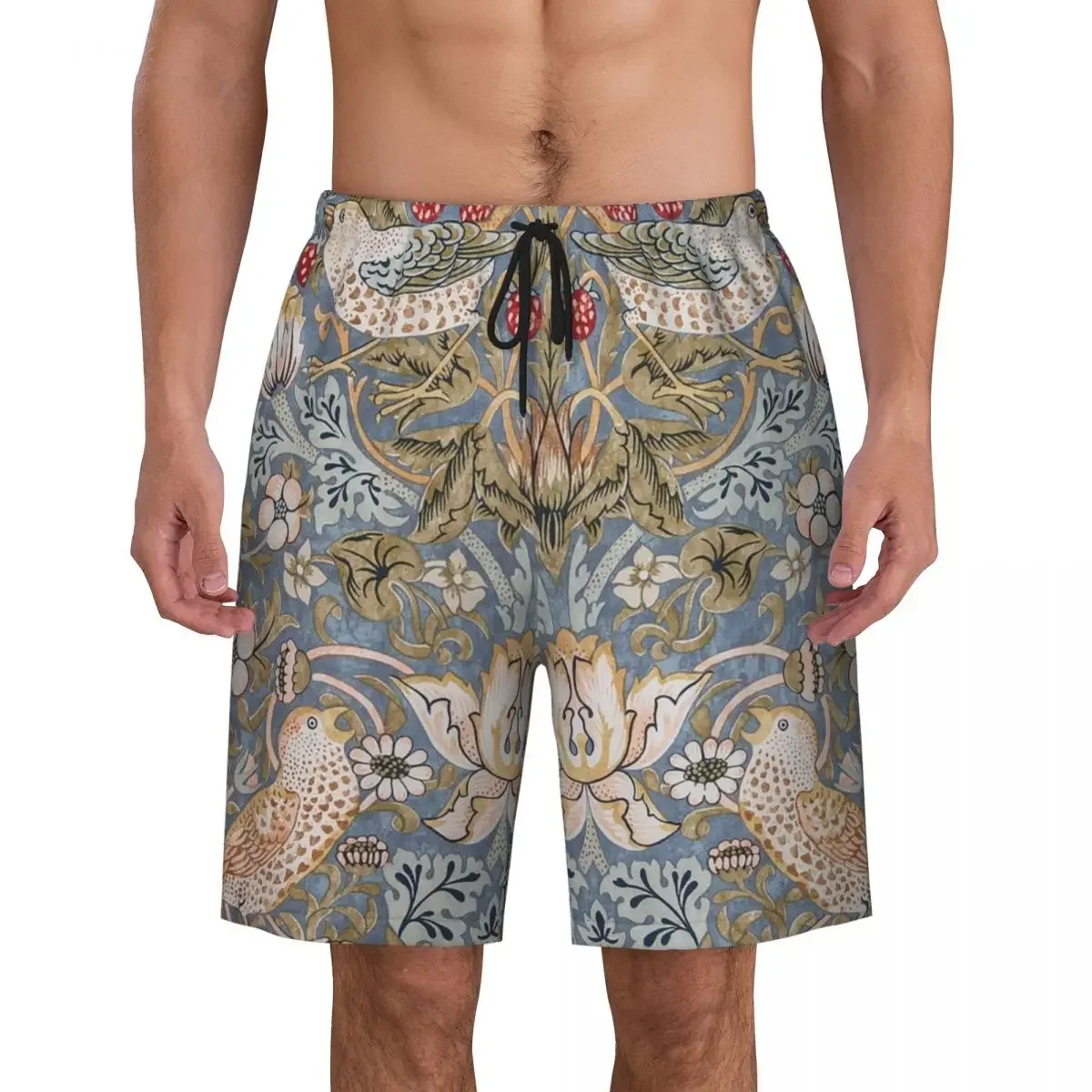 Strawberry Thief Print Men Swim Trunks Quick Dry Beachwear Beach Board Shorts William Morris Floral Textile Pattern Boardshorts