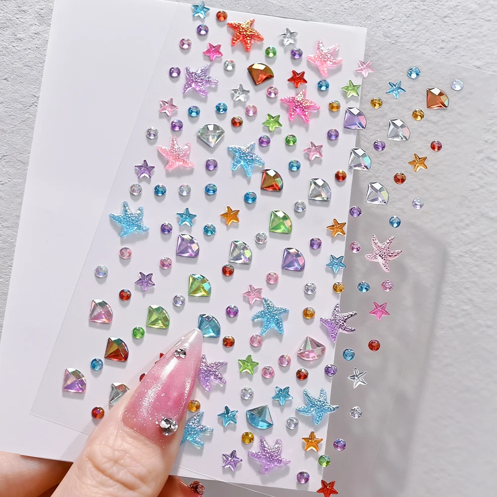 2 Blatt schillernder Stern, rundes Gesicht, Juwelen, Tattoo-Aufkleber, Seestern, Kristall-Edelsteine, gefälschtes Tattoo für Augen- und Körper-Make-up, Strass-Dekor – Detail 6