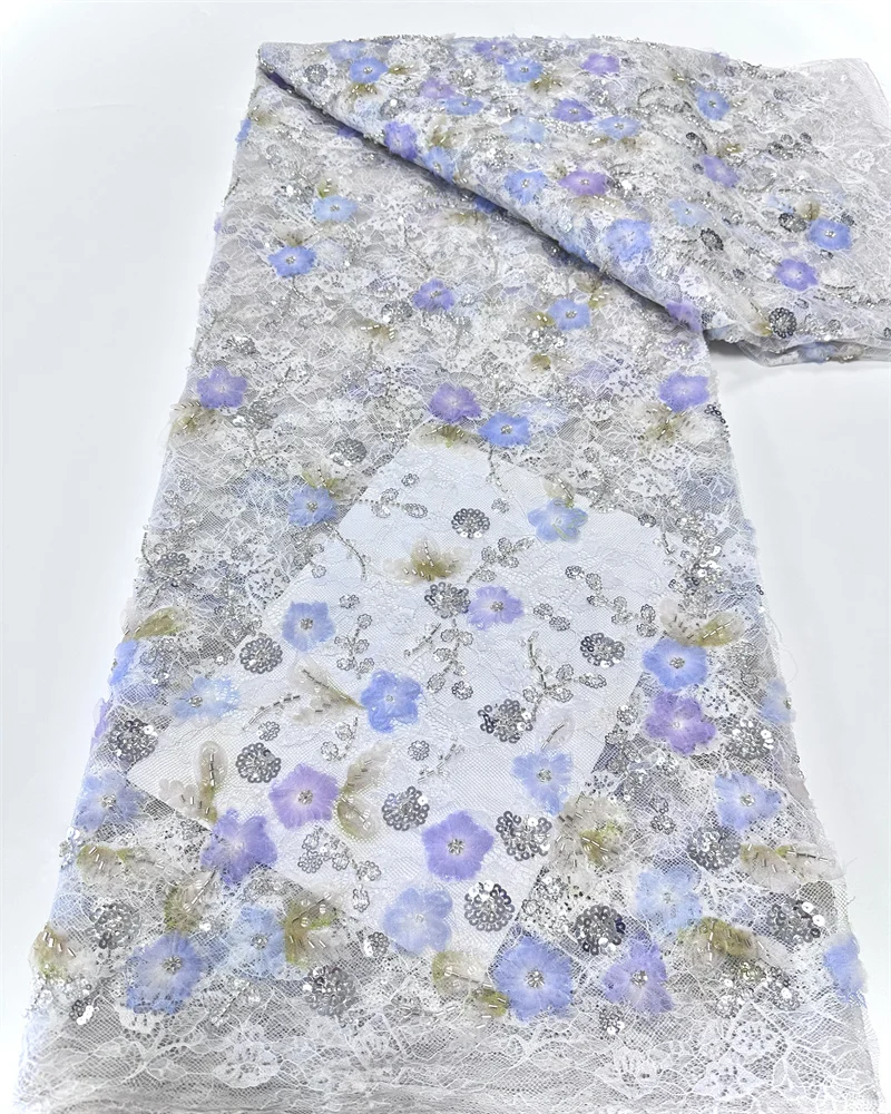 

2025 African Nigeria High-Quality Sequins Embroidery Tulle Lace Fabric Guipure Dress Beads Stone 5 Yards for Wedding Party