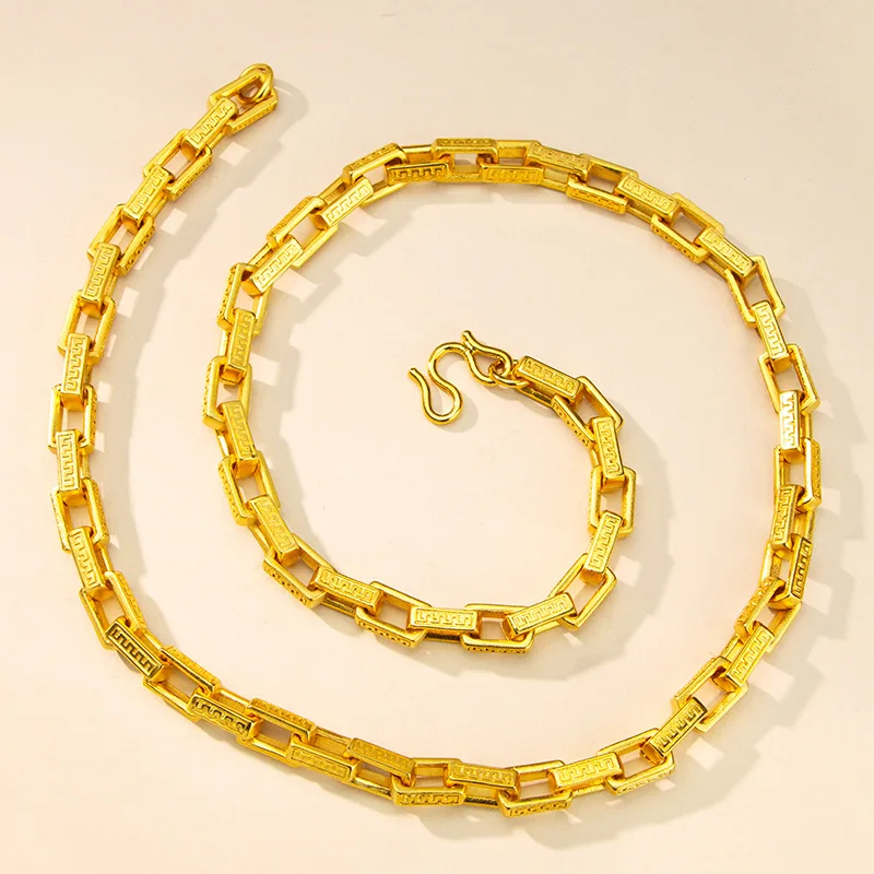 Luxury 24K 9999 Pure Gold real gold Square Great Wall Pattern Men's Necklace Three-dimensional Box Chain