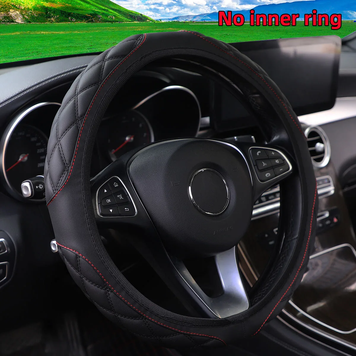 PU leather three-dimensional diamond-pattern embroidered car rimless steering wheel cover (37-38CM) for car decoration items