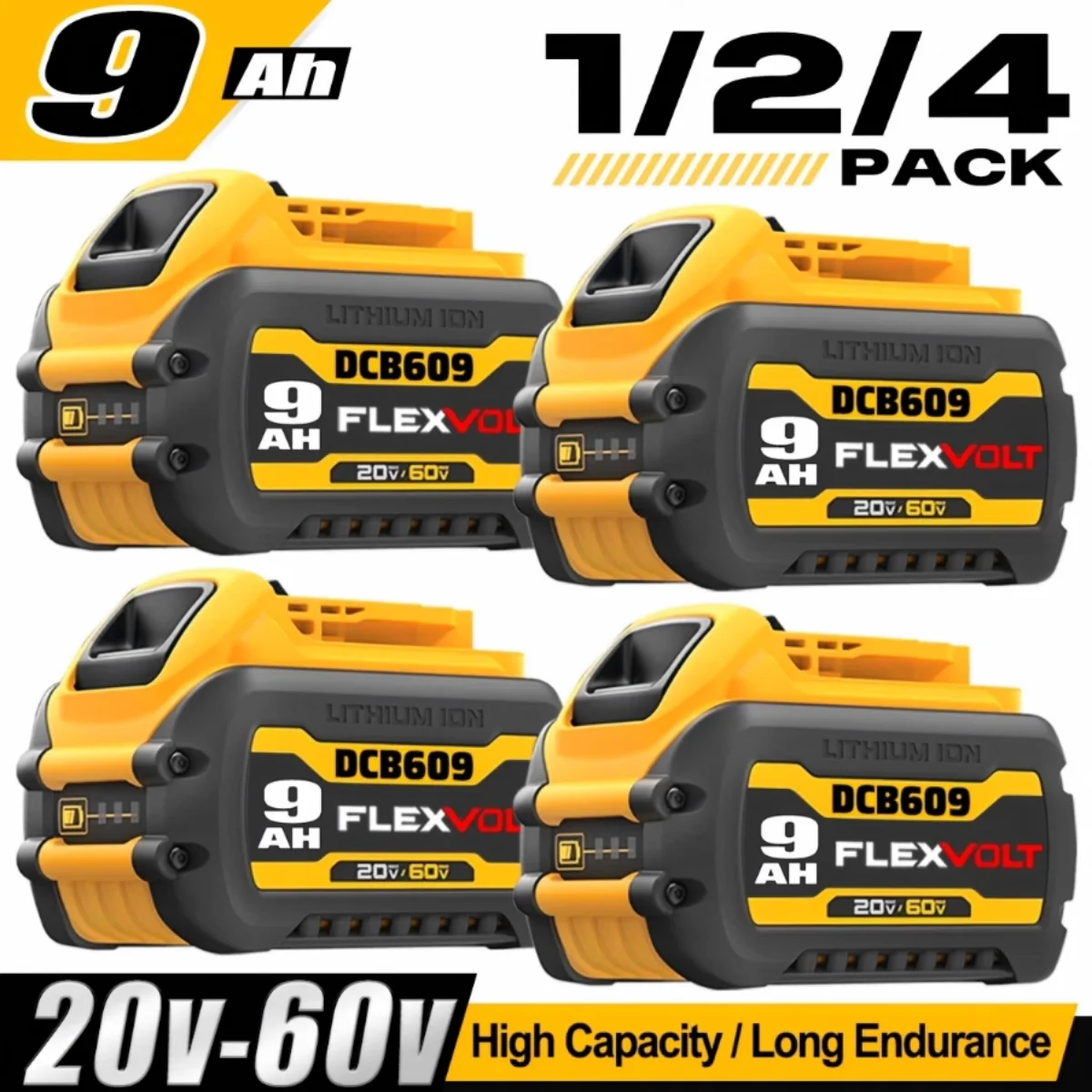 

1/2/4PACK 9.0Ah DCB609 20V/60V Max Replacement Battery 20V/60V MAX Cordless Power Tools | Lithium-ion | For Dewalt 60V Battery