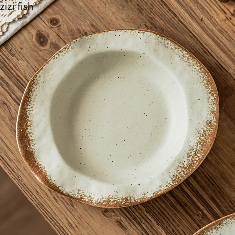 

Vintage Coarse Pottery Plate Flower Edge Pasta Dish Fruit Salad Plate Dessert Dish Thick Soup Plate Molecular Cuisine Tableware