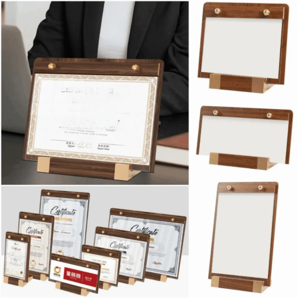 A4/A5/A6 Desktop Display Board Brown Faux Walnut Wood Menu Vertical Holder Transparent Panel Stable Base