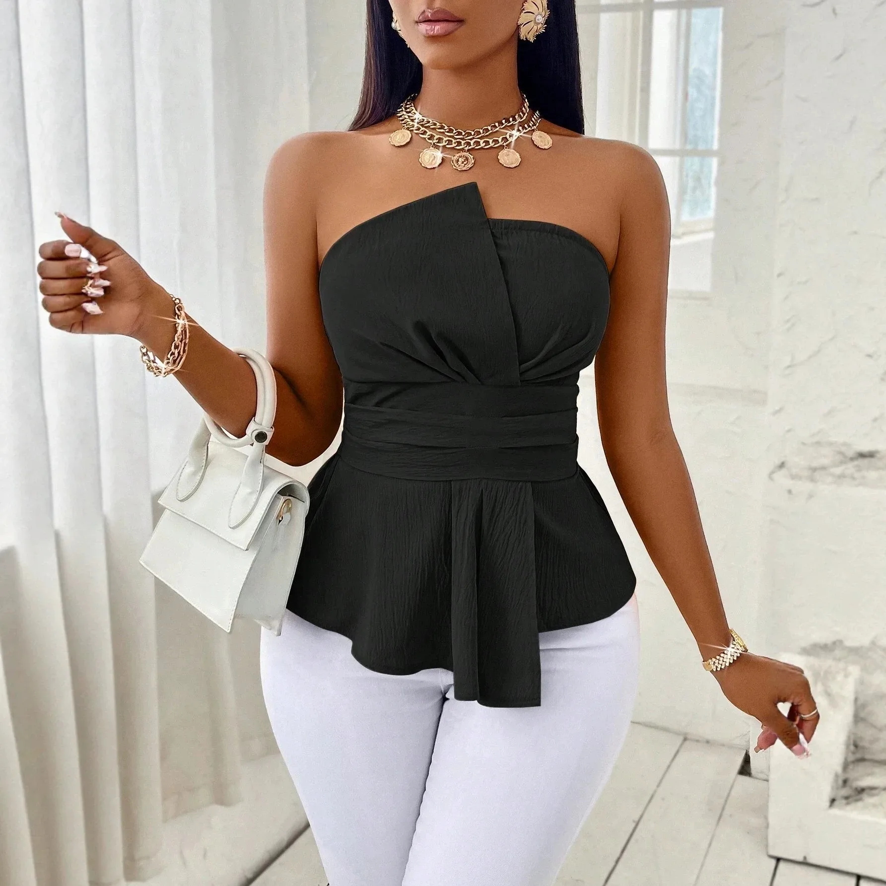 Summer Clothes Women Blouse Off Shoulder Sleeveless Solid Color Top White Lime Green Woven Tops Strapless Peplum Ruched Waist