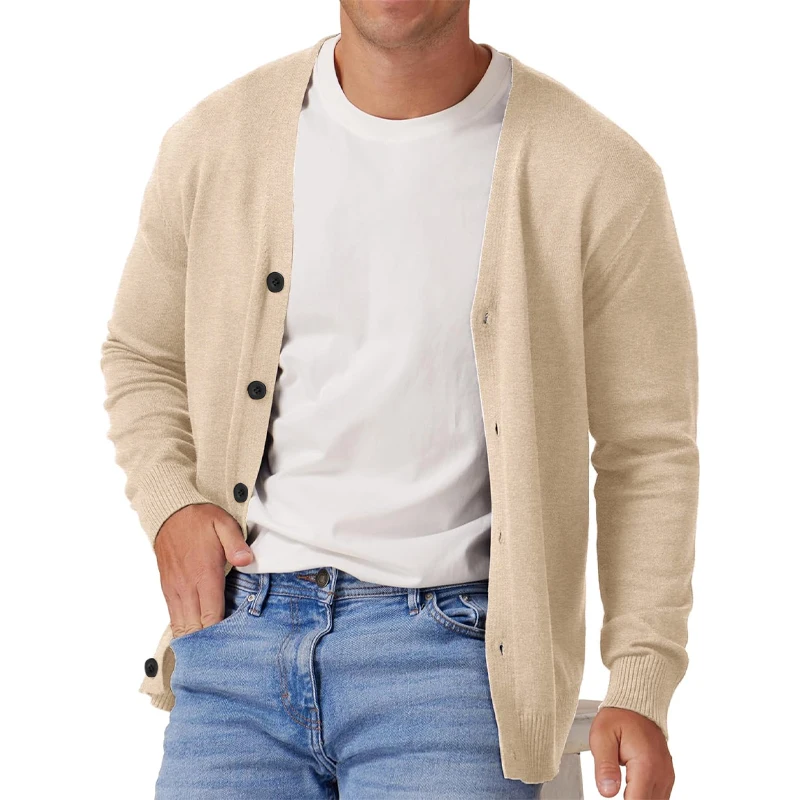 

New Men's Vintage Long Sleeve Cardigan Sweater with Button V Neck Knitted Sweaters Lightweight Outdoor Casual Coats