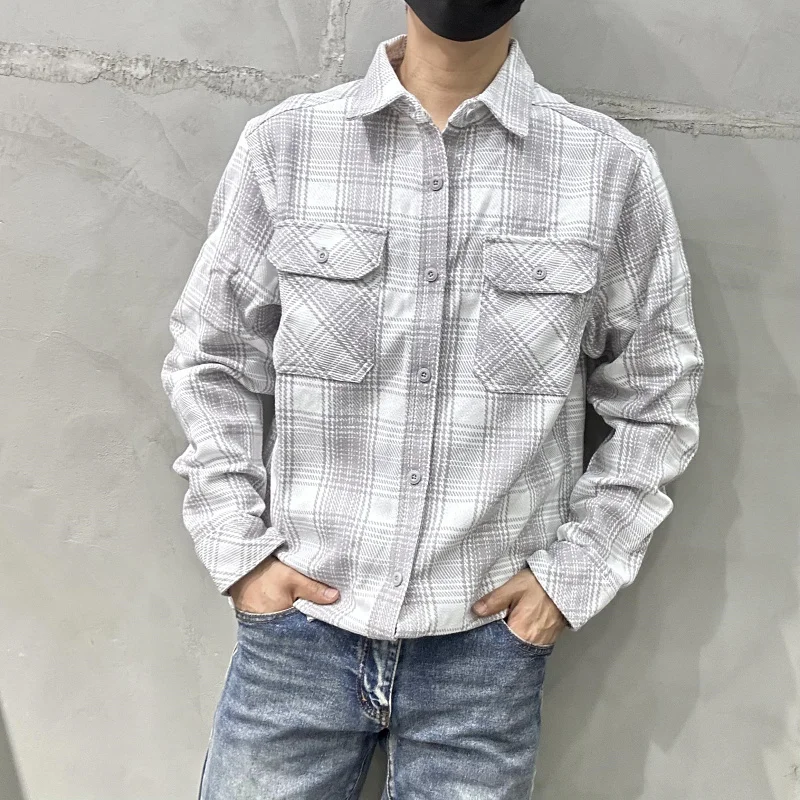 

plus Size Knitted Thickened Long Sleeve Plaid Shirt Coat for Men High End Outdoor Rough Yarn North America Standard Fit