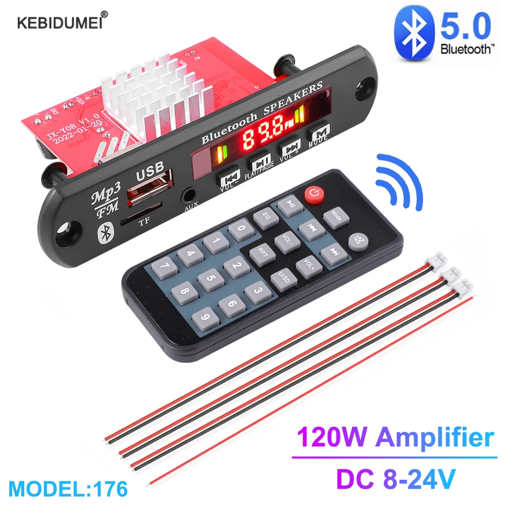 Amplificatore 120W Bluetooth 5.0 scheda di decodifica MP3 DC 8V-24V lettore MP3 musica per auto modulo Radio FM con telecomando per altoparlante